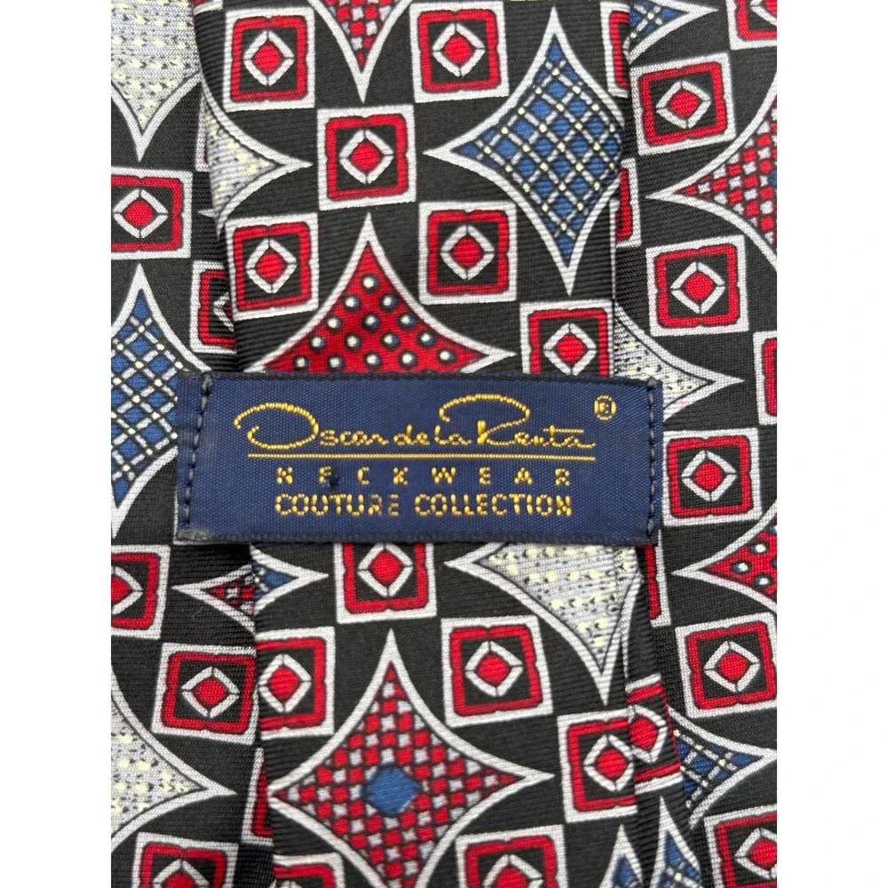 Oscar de la Renta Men's 100% Silk Tie Black Red Blue Geometric Made in USA